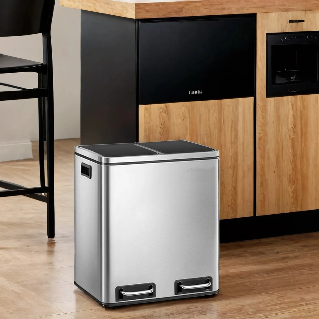 Caixote do lixo com 2 compartimentos 41 x 31,5 x 47 cm prateado