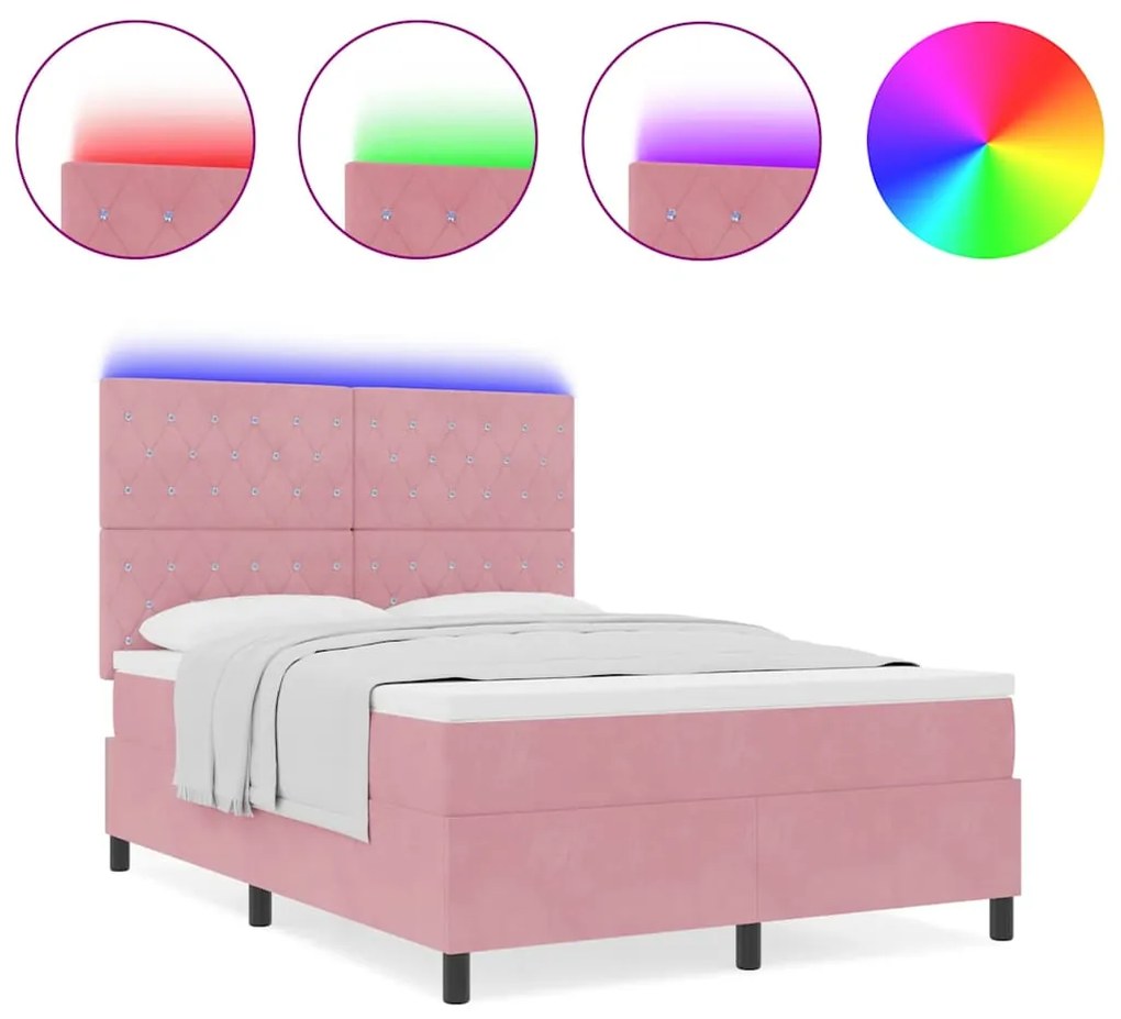 Cama Box com Colchão e LED Rosa 160x200 cm Veludo