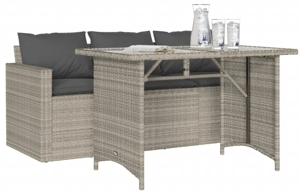 2 pcs conjunto jantar p/jardim c/almofadões vime PE cinza-claro