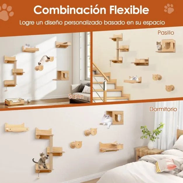 Conjunto de móveis de parede para gatos com 6 peças, rede, torre de salto com 3 níveis e 2 postes para arranhar, área de brincar natural