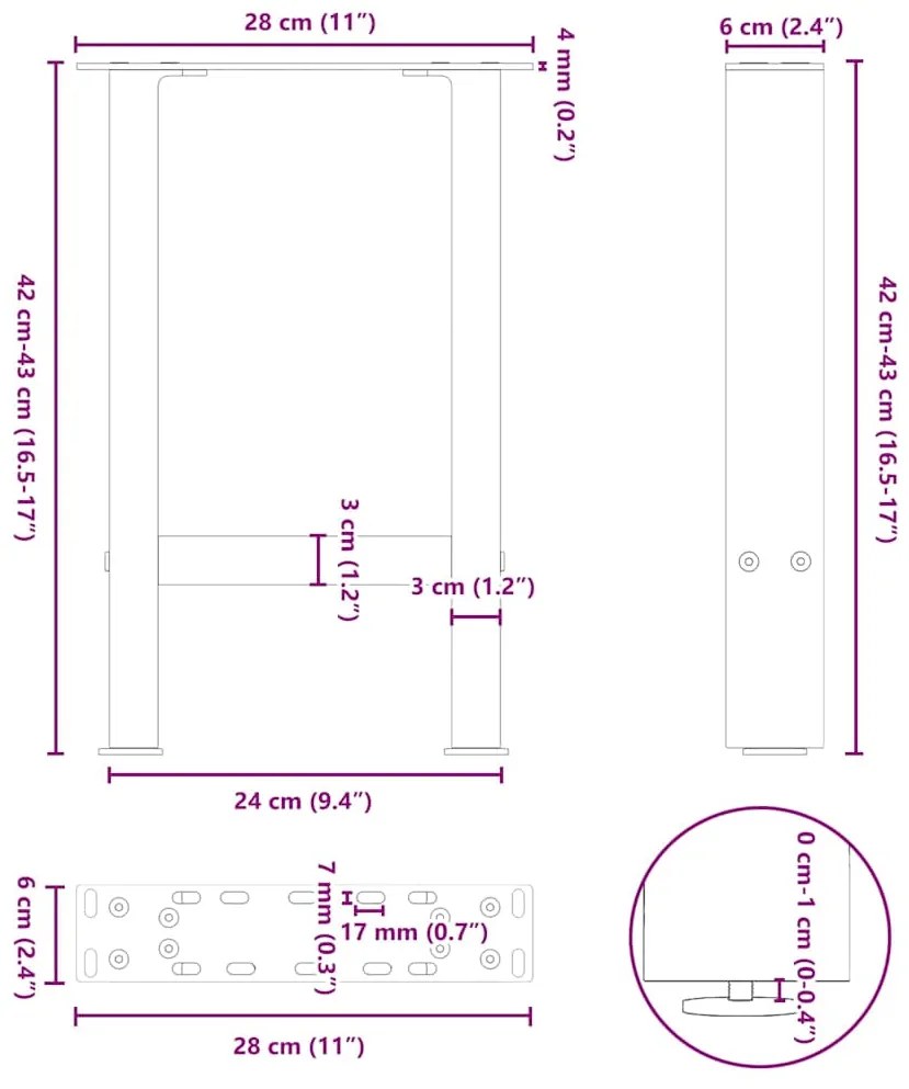 Pés para mesa de centro em aço natural, 2 peças, 28x(42-43) cm, aço
