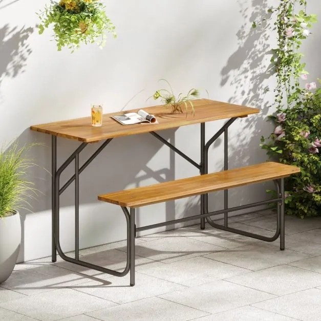 Conjunto jardim 2 Pessoas Mesa de Piquenique Unilateral com banco 2 Lugares Madeira Acacia e Pernas de Metal Natural
