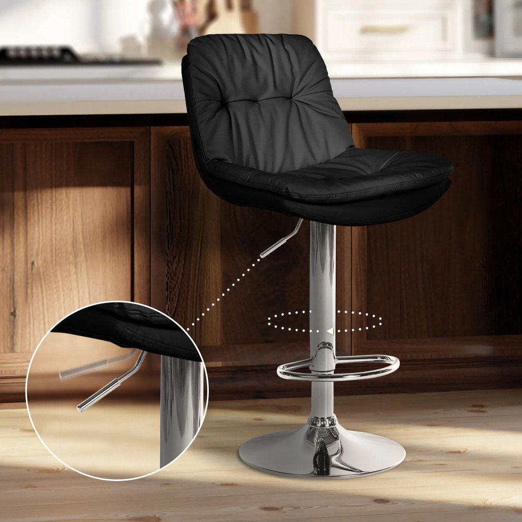 Banco de bar em couro sintético com estrutura prateada 92-113 x 46 x 54 cm preto