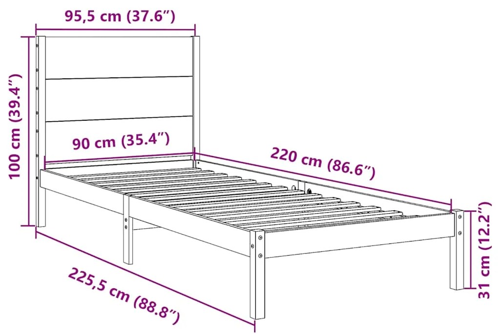 Cama extra longa sem colchão 90x220 cm madeira maciça
