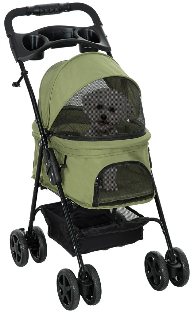 PawHut Carrinho de Passeio para Animais de Estimação Dobrável 4 Rodas Tecido Oxford 300D Cesto e Porta-copos Verde | Aosom Portugal