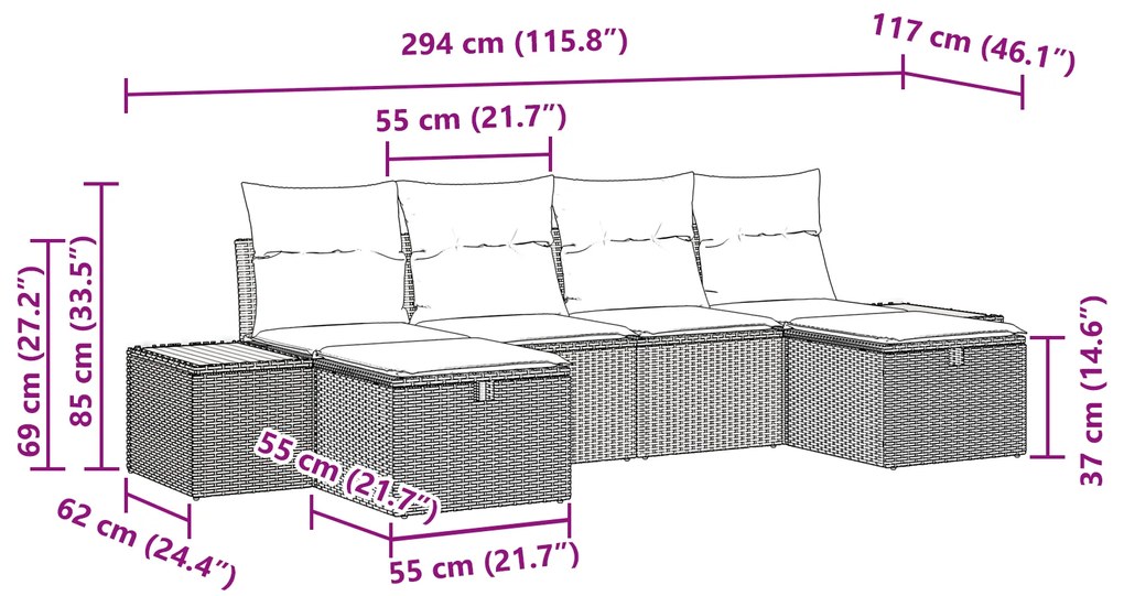 Conjunto de Sofá de 6 Peças com Almofadas Cinza Ratan Poliéster