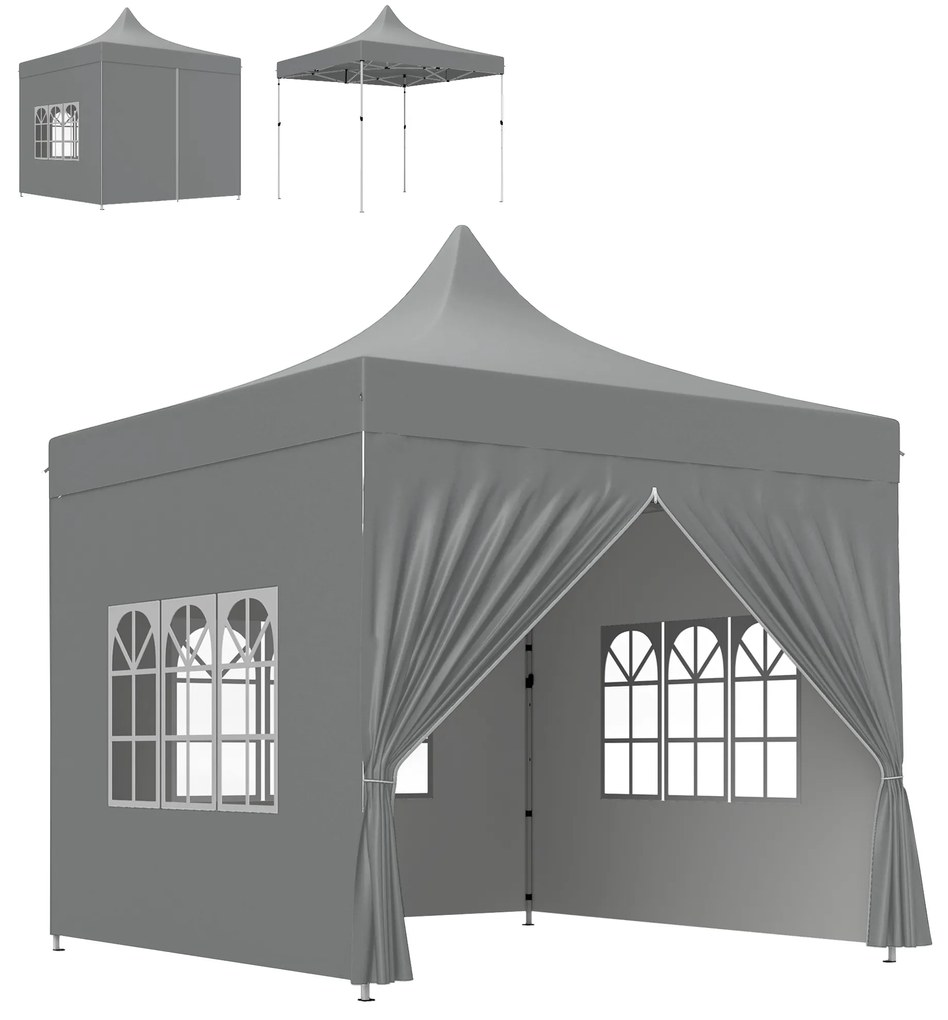 Tenda Dobrável Pop-Up 290x290x325 cm com 4 Paredes Laterais Anti-UV Altura Ajustável e Bolsa de Transporte Cinza