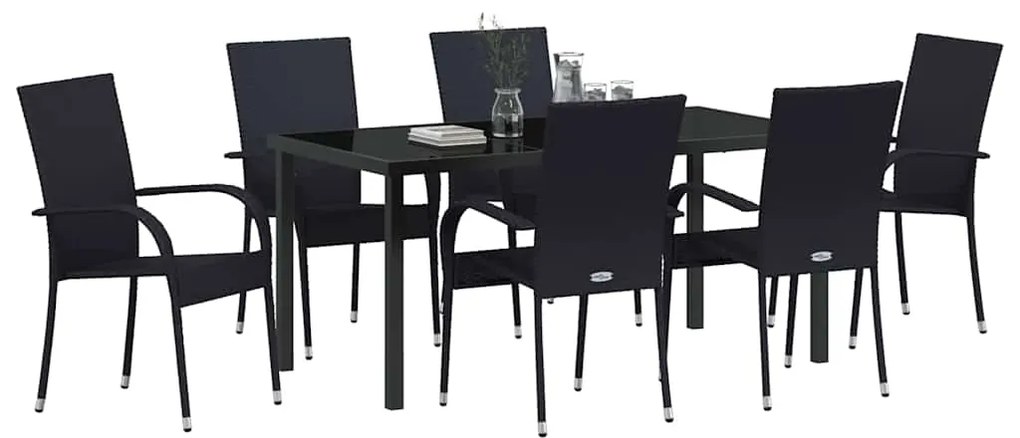 Conjunto de Jantar para Jardim 7 pcs Preto Rattan de PE