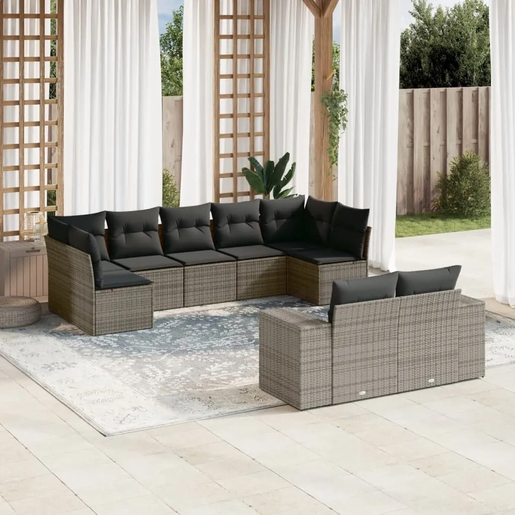 9 pcs conjunto sofás p/ jardim com almofadões vime PE cinzento