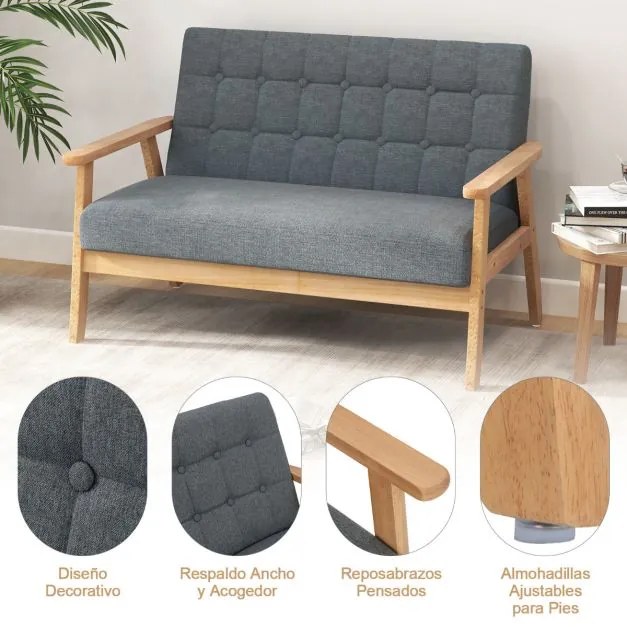 Sofá de sala moderna com 2 lugares 72 x 114 x 77 cm, estofada em tecido de linho respirável, estrutura em madeira e espuma de borracha, cinzento
