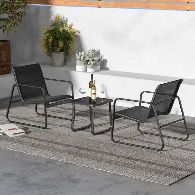 Conjunto Jardim 3 peças com mesa e 2 cadeiras de metal para exterior com tecido respirável e tampo de mesa em vidro preto