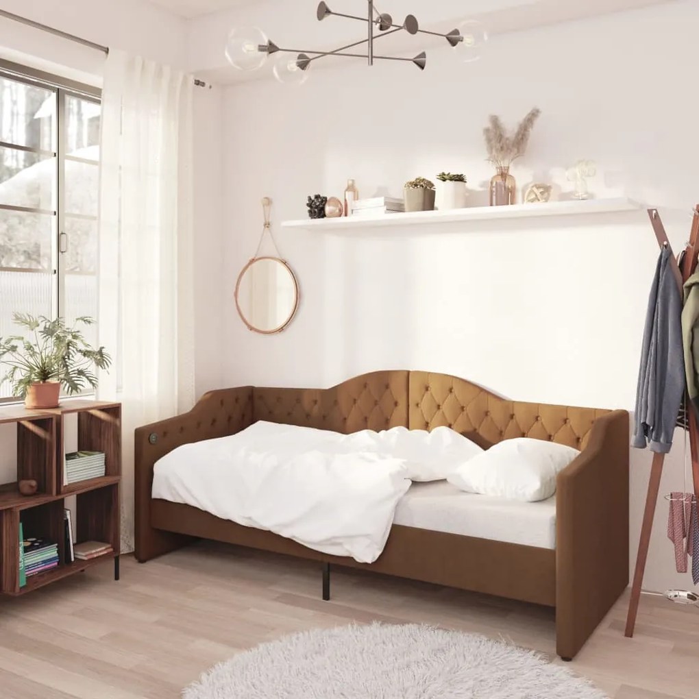 3080306 vidaXL Sofá-cama c/ colchão e saída USB 90x200 cm tecido castanho