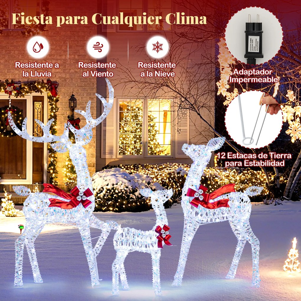 Conjunto de 3 Renos de Natal Iluminados, 215 Luzes LED Resistentes às Intempéries, Branco