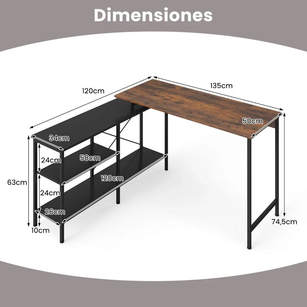 Secretária reversível 135 x 120 x 74,5 cm em forma de L de canto para computador e jogos com 2 prateleiras de armazenamento Castanho rústico + preto