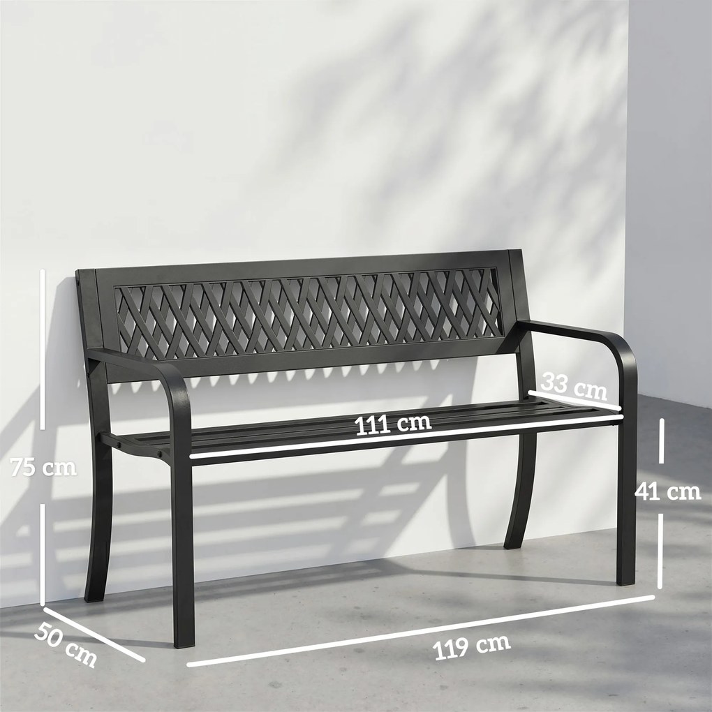 Banco de Jardim Exterior de 2 Lugares com Assento Ripado Apoios de Braço e Estrutura de Aço 119x50x75 cm Preto