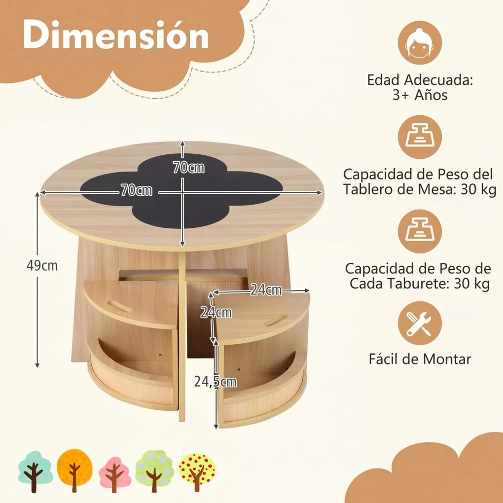 Conjunto de mesa e cadeiras para crianças de 5 peças: mesa redonda empilhável para crianças com bancos para atividades, economiza espaço, estilo natur