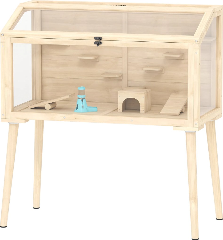 Gaiola para hamsters, habitat para roedores 110 x 52 x 101 cm, em madeira FSC, com teto abrível, 7 plataformas, 2 Baloiços, com efeito de madeira natu