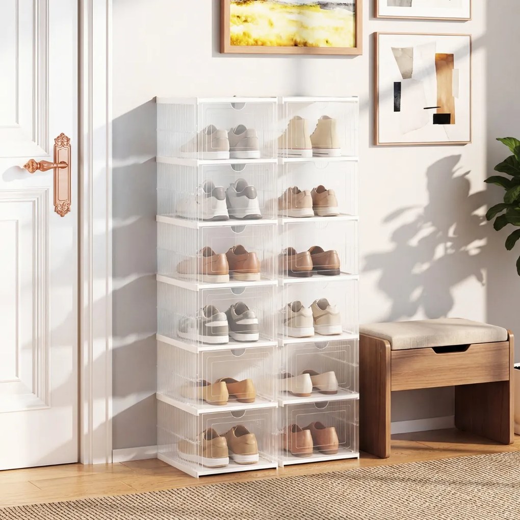 Caixas de sapatos dobráveis, 6 níveis, em plástico, com porta basculante, portáteis, para entrada, armário transparente + branco