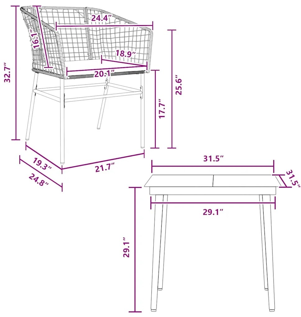 3 pcs conjunto jantar jardim almofadões vime PE vidro preto