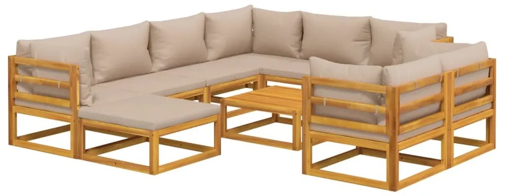 10pcs conj. lounge jardim madeira c/almofadões cinza-castanhado