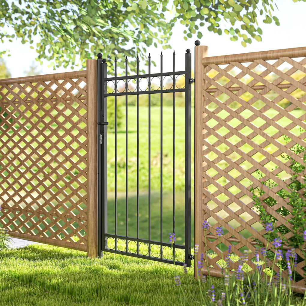 Portão de Jardim 89x147,5 cm Porta para Vedação de Barra de Aço Galvanizado com Puxador Fechadura e 3 Chaves Preto