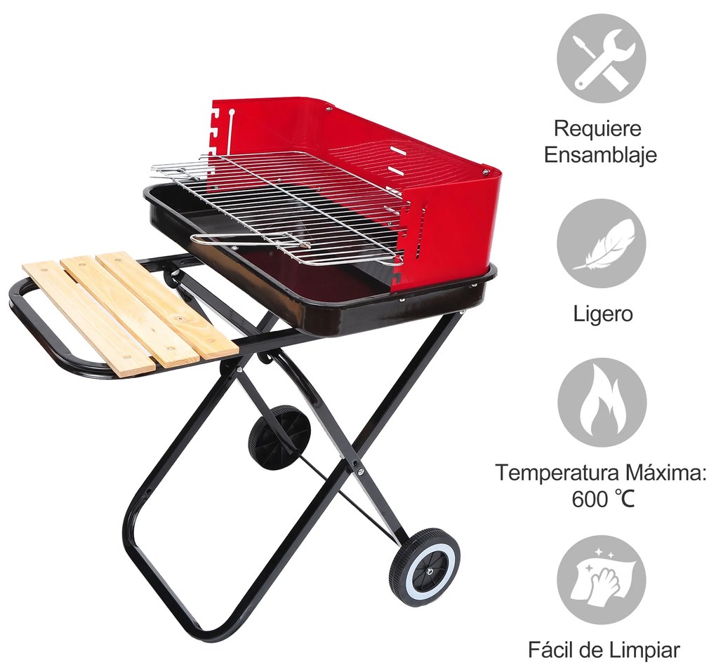 Outsunny Churrasqueira a carvão portátil e dobrável com 2 rodas Churrasqueira com Altura Ajustável para Camping Picnic Beach 57x64x83 cm Vermelho e Preto