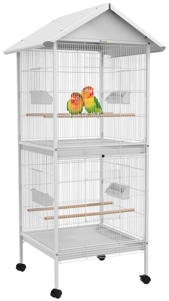 Gaiola para Pássaros 2 em 1 com 2 Andares Rodas 4 Comedouros 4 Poleiros e Bandejas Amovíveis 78x75x168 cm Branco