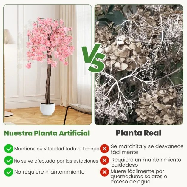 Árvore de Cerejeira Artificial de 163 cm com flores em tons degradés e tronco de madeira, vaso de cimento para interior Rosa