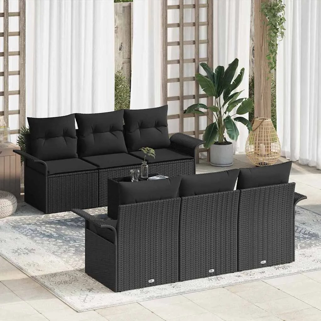 vidaXL Conjunto de Sofá de Jardim de 7 Peças com Almofadas Preto em Rattan Poliéster