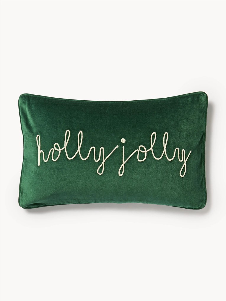 Capa de almofada em veludo bordado com rebordo Holly Jolly