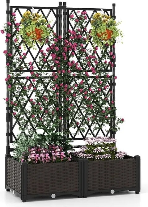 Floreira com treliça para jardim 80,5 x 40 x 126,5 cm, vaso para plantas trepadeiras com sistema de auto-regulação, caixa dupla para plantação, terraç