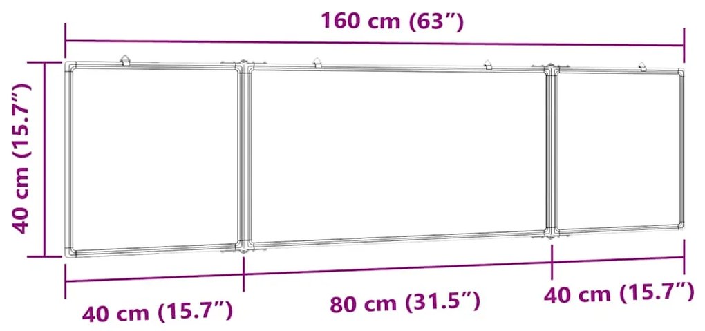 Quadro branco magnético dobrável 160x40x1,7 cm alumínio
