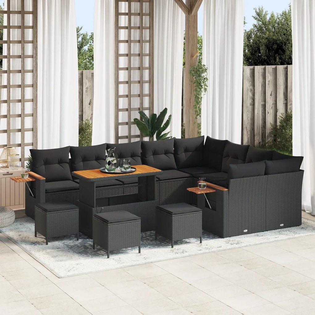 Conjunto de Sofá para Jardim com 13 Peças com Almofadas Preto Rattan Poliéster Acácia