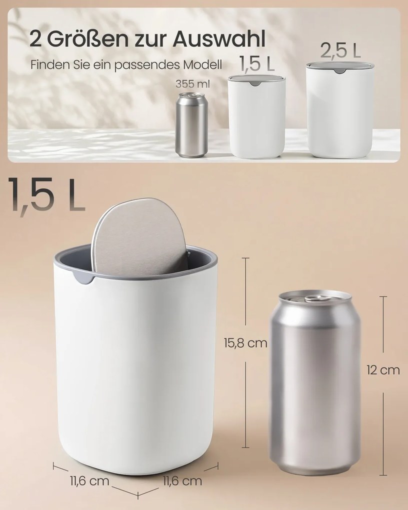 Caixote do lixo de mesa escritório em aço inoxidável, 1,5 L, com tampa basculante Branco