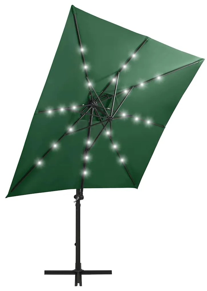 Guarda-sol jardim cantilever c/ poste e luzes LED 250 cm verde
