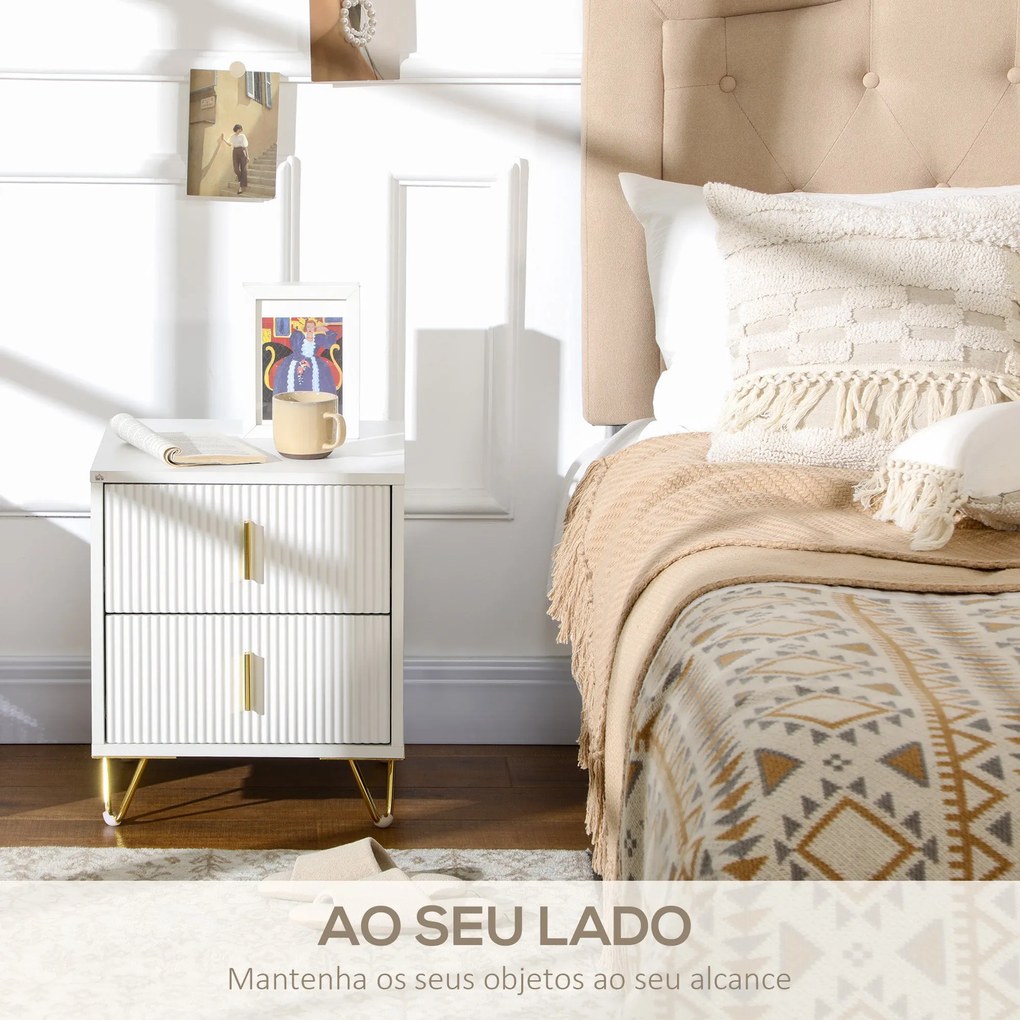 Mesa de Cabeceira "Aurora" com 2 Gavetas – 40x40x47 cm – Branco e Dour