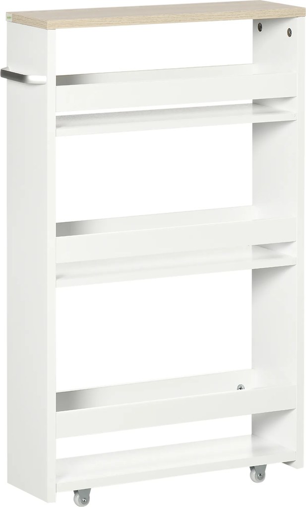 kleankin Estante Armazenamento Casa Banho 3 Níveis Estreita Alça Lateral Rodas 48x15x80cm Branco | Aosom Portugal