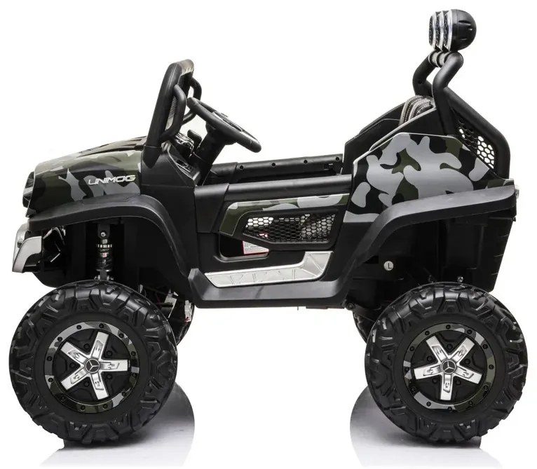 Jipe elétrico para crianças Mercedes-Benz Unimog bateria 12v, 4x4 2 Lugares pneus em borracha, assento em pele artificial Camuflado