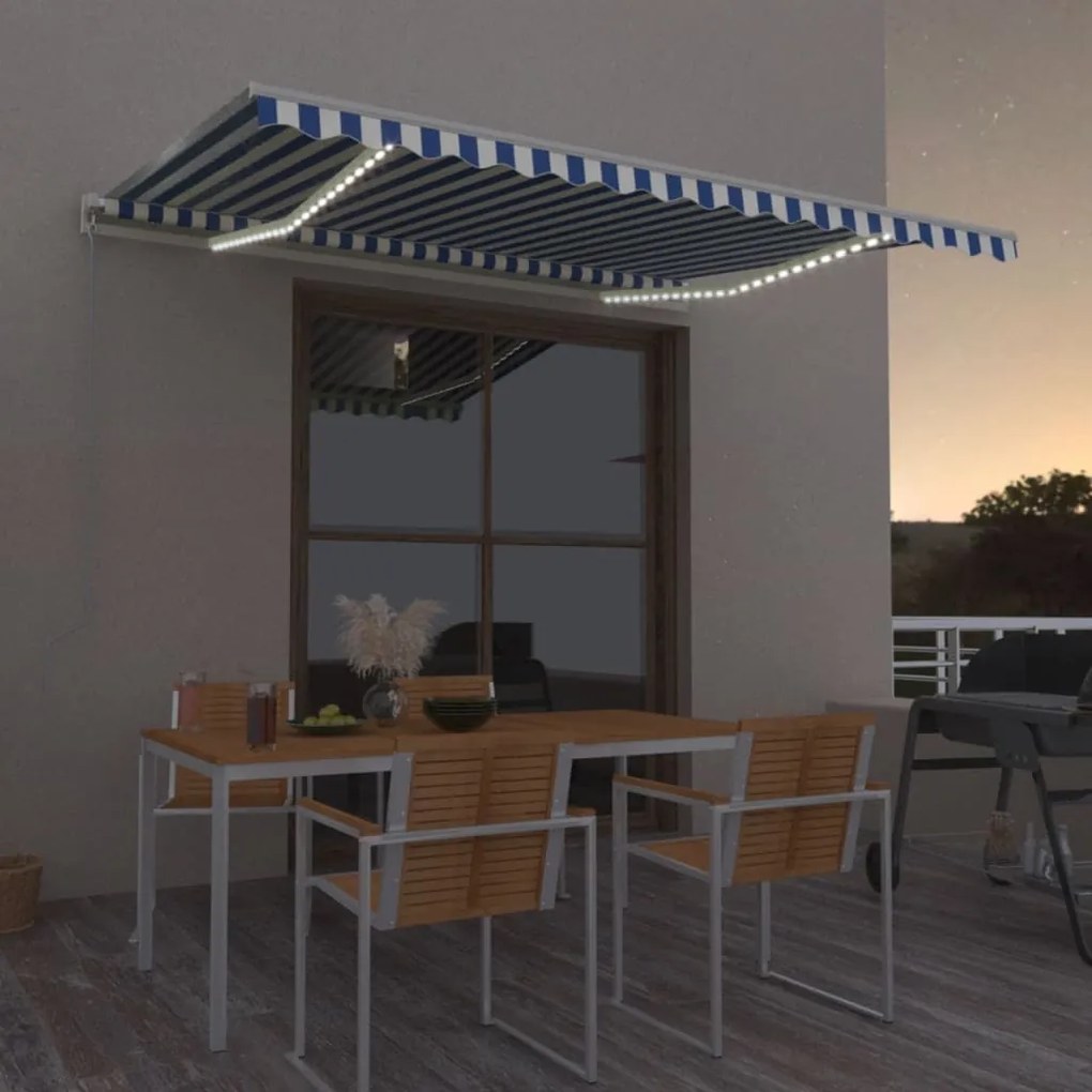 Toldo automático c/ LED e sensor de vento 450x350cm azul/branco