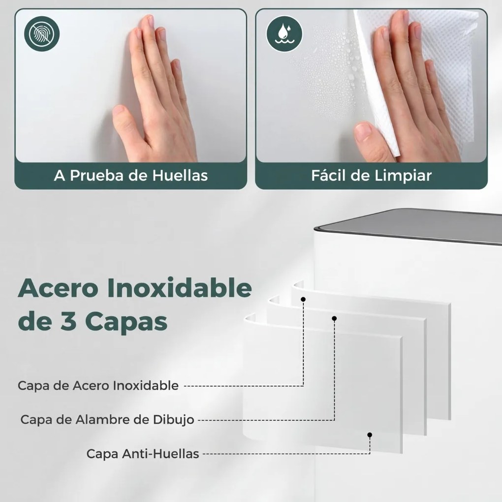 Cubo do lixo de 60 L para cozinha 54 x 34 x 67 cm com 2 compartimentos, tampa com pedal e alças laterais branco