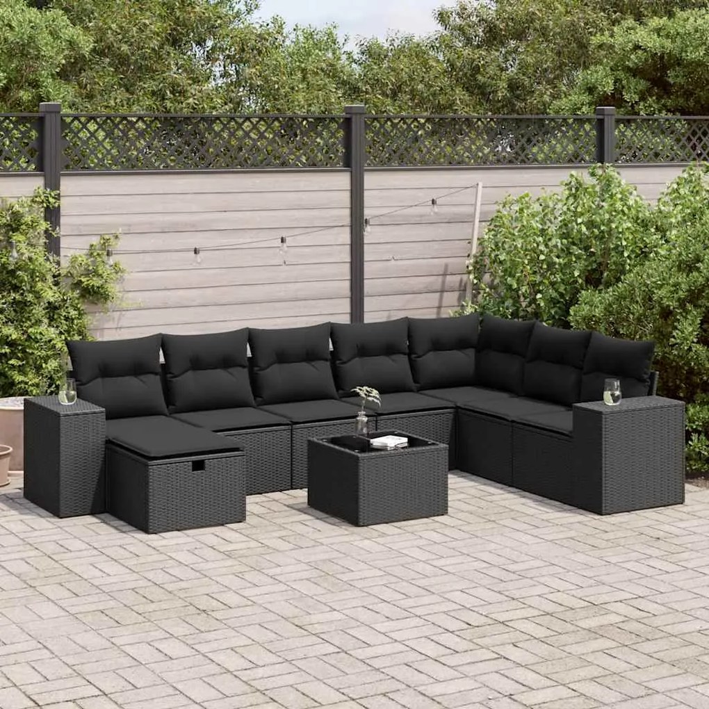 9 pcs conjunto de sofás p/ jardim c/ almofadões vime PE preto