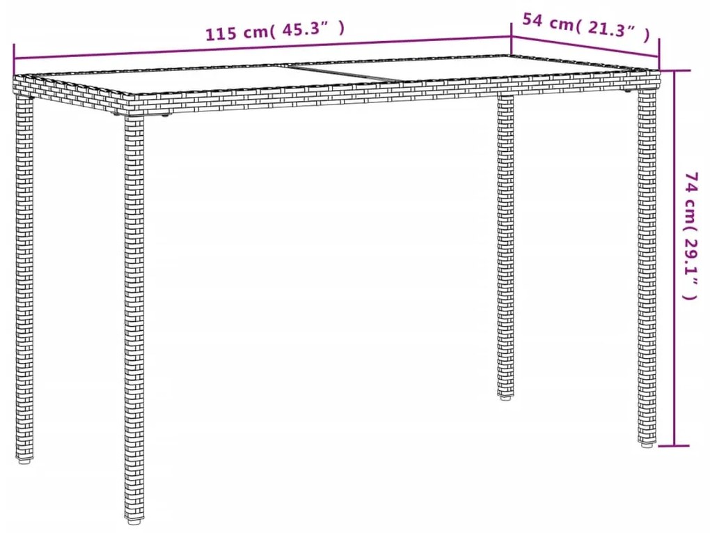 Mesa de jardim com tampo de vidro 115x54x74 cm vime PE cinza