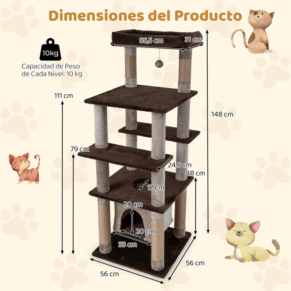 Arranhador Multinível para Gatos 148 cm com casa de Pelúcia Postes para Arranhar Buraco Pompom Castanho