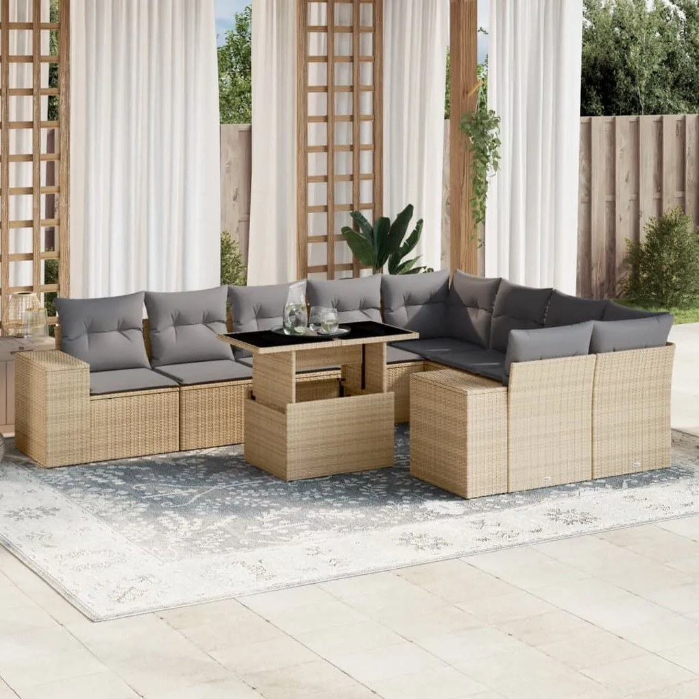 10 pcs conjunto de sofás p/ jardim com almofadões vime PE bege