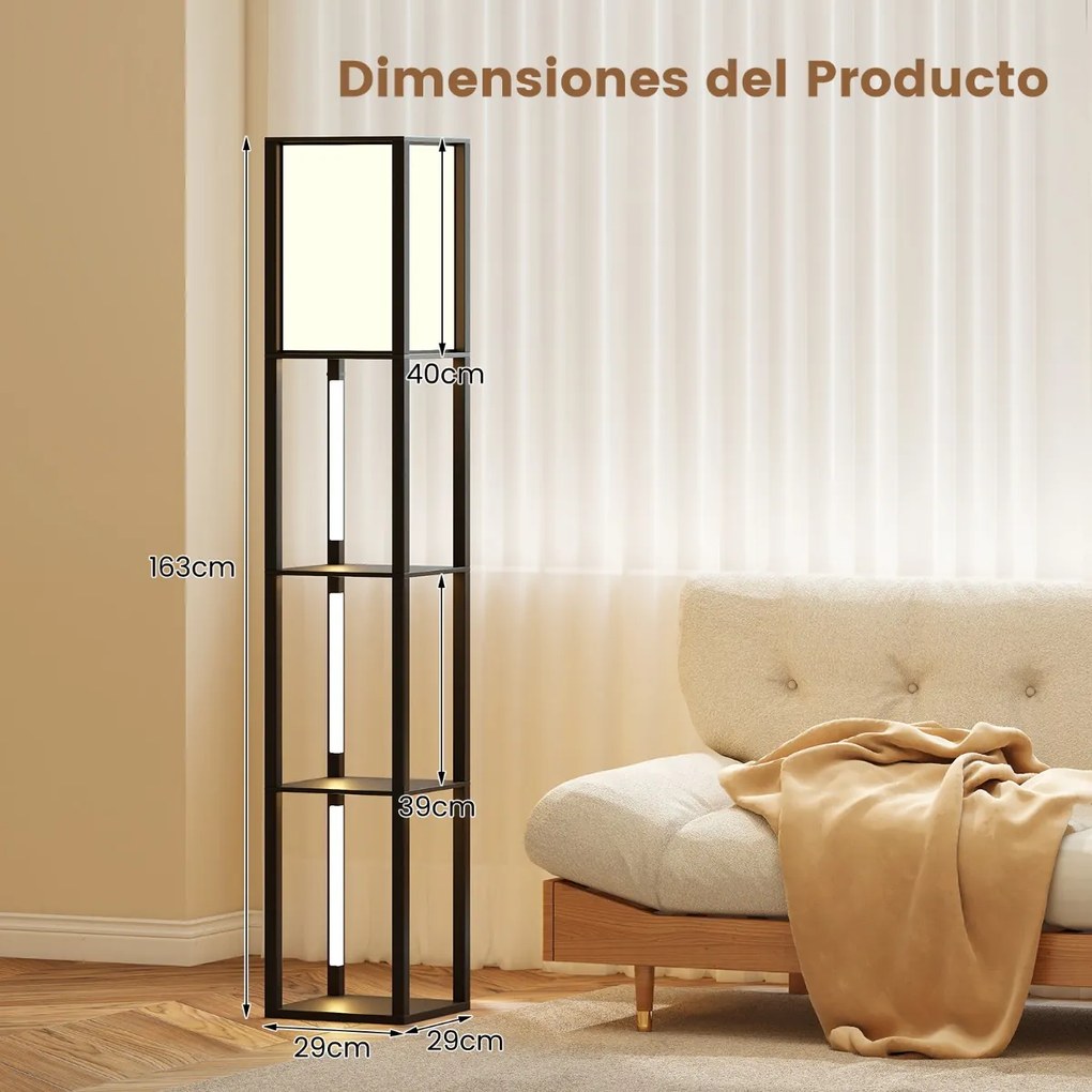 Candeeiro de pé com 3 níveis, LED com brilho ajustável em 3 níveis para sala de estar ou quarto 29 x 29 x 163 cm Preto