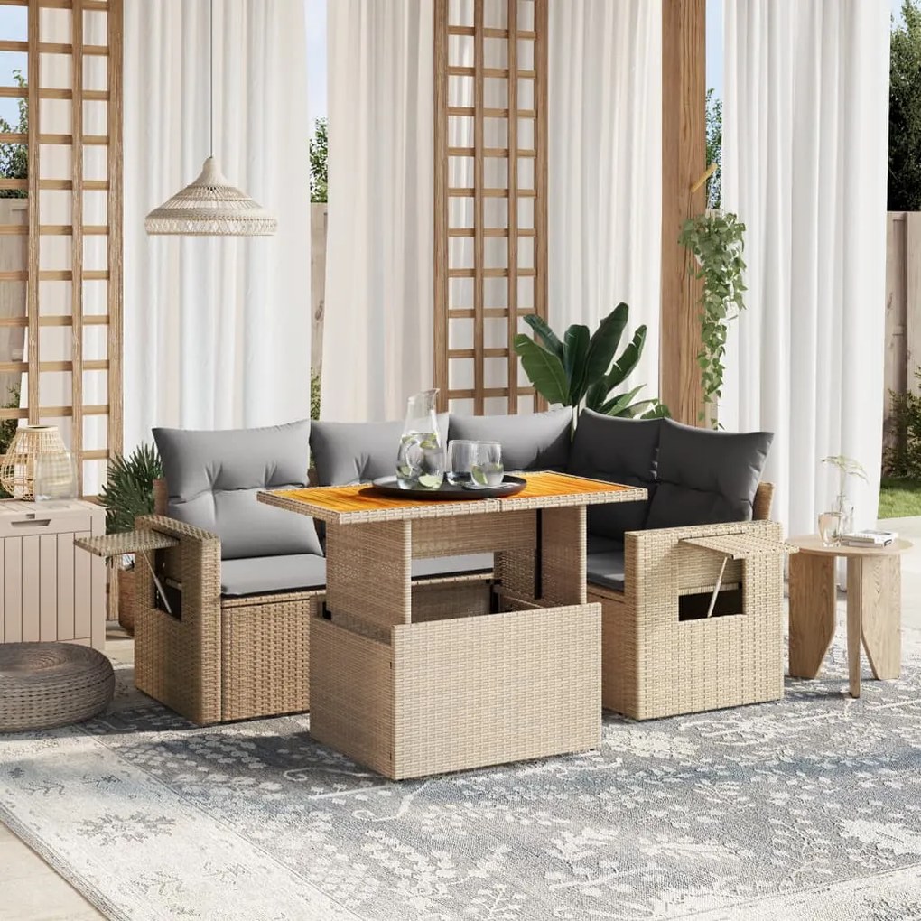 vidaXL 5 pcs conjunto de sofás p/ jardim com almofadões vime PE bege