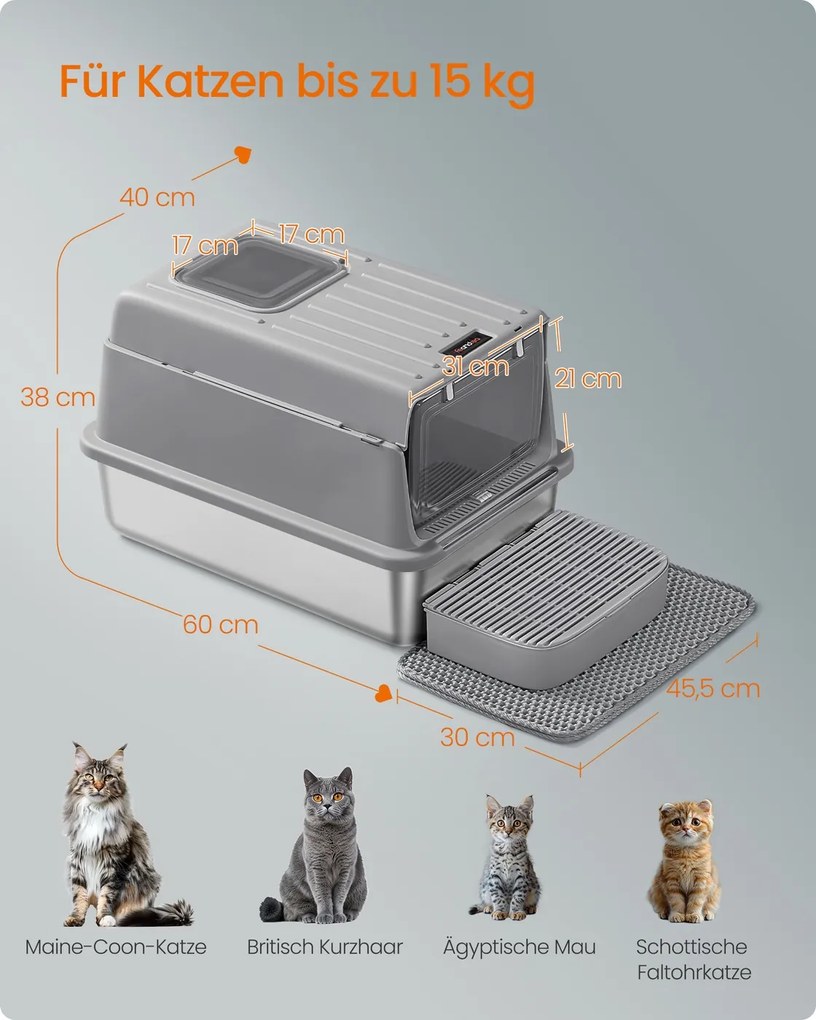 Caixa de areia para gatos 60 x 40 x 38 cm em aço inoxidável com tampa e acessórios, cinzento