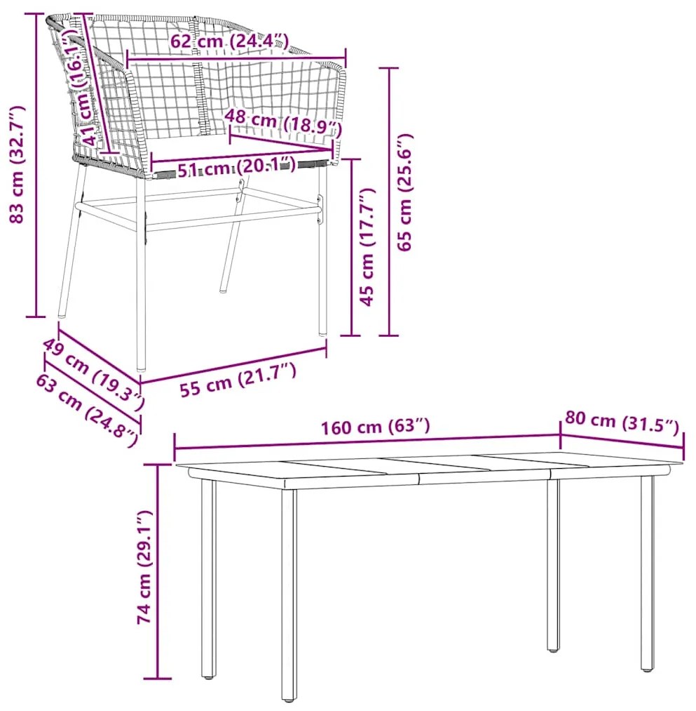 Conjunto de jantar jardim 7 peças almofadas vidro vime PE preto