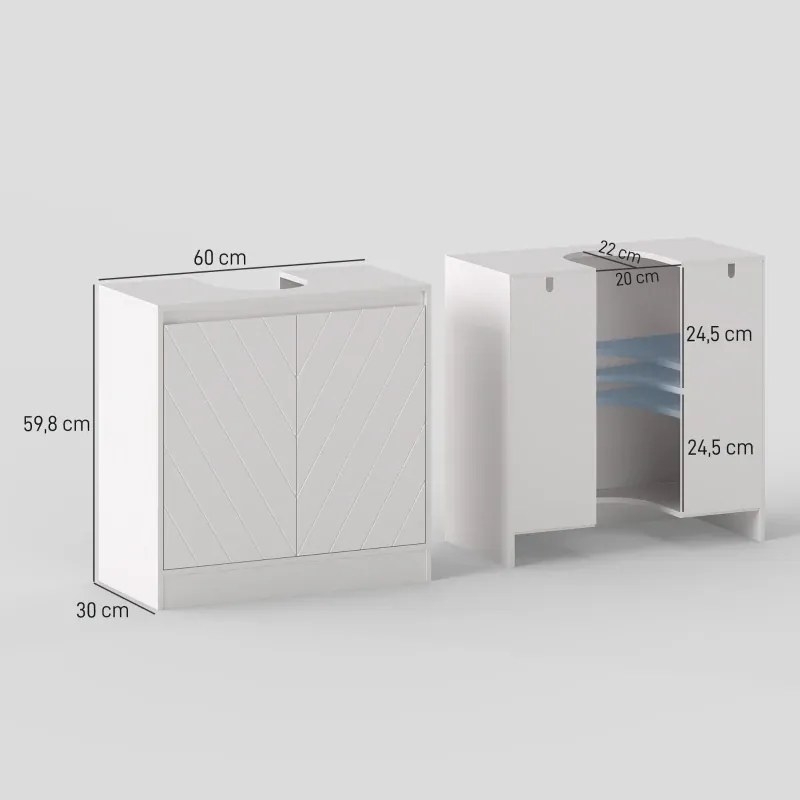 Móvel casa de Banho 60x30x59,8 cm para Lavatório Pousar (NÃO INCLUIDO) com 2 Portas e Prateleira Ajustável para Lavatórios com ou sem Pedestal Branco