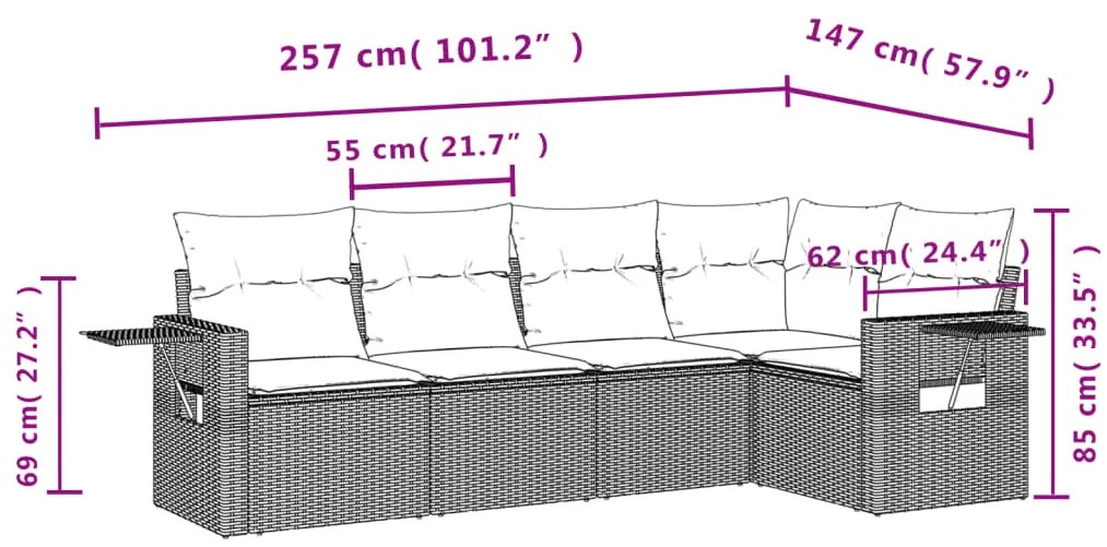 5 pcs conjunto de sofás p/ jardim com almofadões vime PE bege